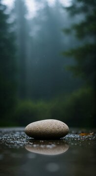 Smooth stone resting on a wet surface in a misty forest  