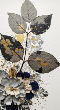 Silver and gold leaves with flowers on a textured background  