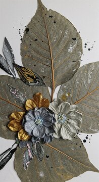 Decorative gray leaves with golden and silver flowers arrangement  