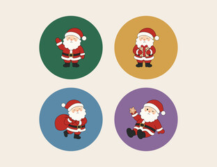 Fototapeta premium Set of four cute cartoon Santa Claus characters in colorful round badges waving holding a gift carrying a sack and sitting on a cream background