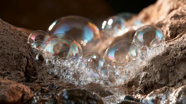 Close-up of iridescent soap bubbles forming in a stream bed with rough textures