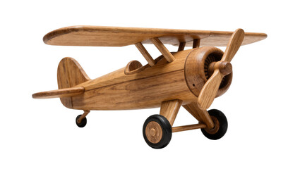 Detailed wooden biplane toy with propeller and wheels, isolated on transparent background © Cian