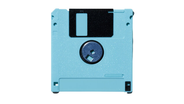 Pale blue 3 5 inch floppy disk with black shutter and blue hub, isolated on transparent background