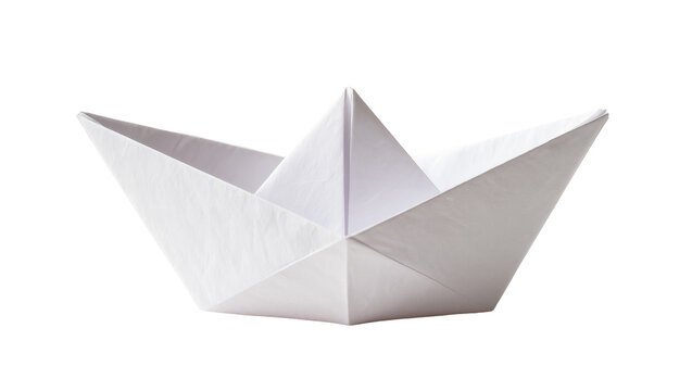 White paper origami boat folded from textured paper, isolated on transparent background