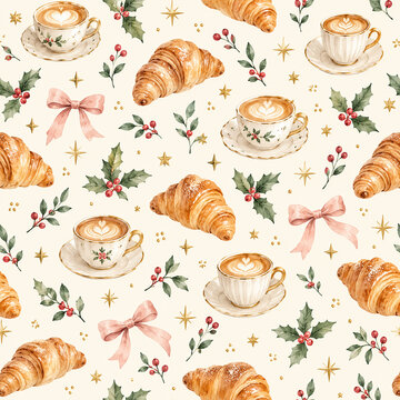 seamless pattern with croissant and coffee