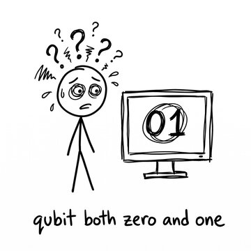 Qubit Both Zero and One Stick Figure Quantum Computing Humor Cartoon