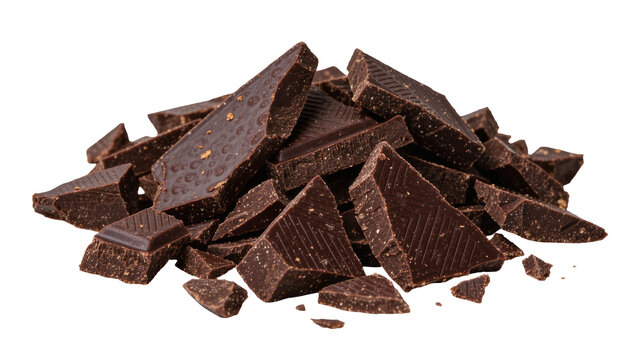 Pile of dark chocolate chunks with textured surface, isolated on transparent background