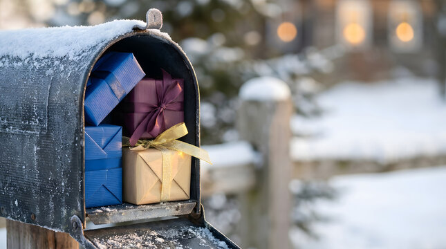 A snow-covered mailbox stands open and filled with blue, purple, and cream wrapped presents, framed by a softly blurred winter neighborhood for a Secret Santa delivery idea during the holidays.