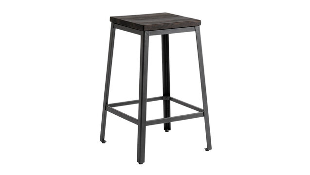 Dark wood seat bar stool with metal frame, isolated on transparent background
