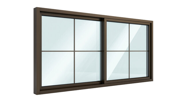 Brown aluminum sliding window with six panes, isolated on transparent background