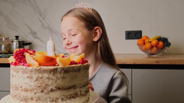 Girl celebrates 8th birthday with a big cake topped with fruits and candles in a kitchen