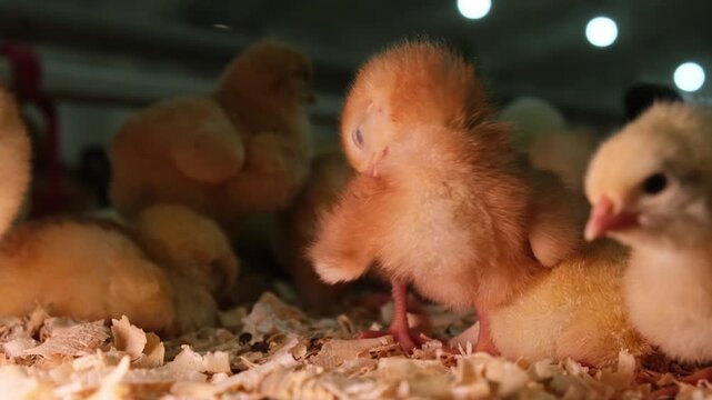 Newly hatched chicks exploring their environment in a farm setting during daylight hours