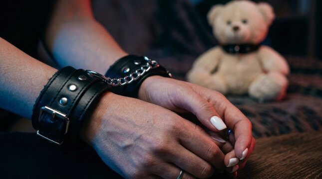 Close-up of a person's hands bound with black leather cuffs, with a teddy bear in the blurred background, concept of adult intimacy and power dynamics