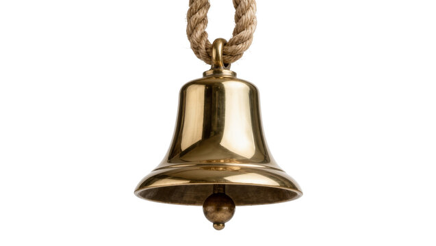 Polished brass bell with clapper hanging from thick rope, isolated on transparent background