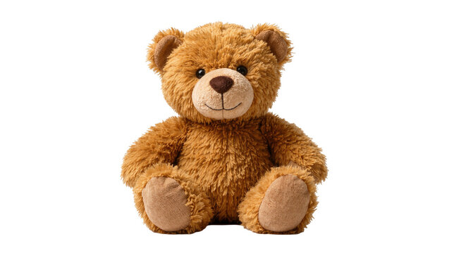 Fluffy brown teddy bear toy sitting pose, isolated on transparent background
