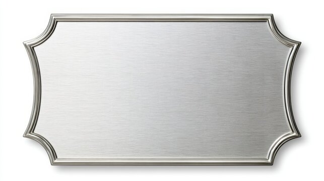 Blank silver metallic plaque mockup with ornate border isolated on light background. Elegant steel frame template for modern corporate sign, office door plate, award certificate or title design.