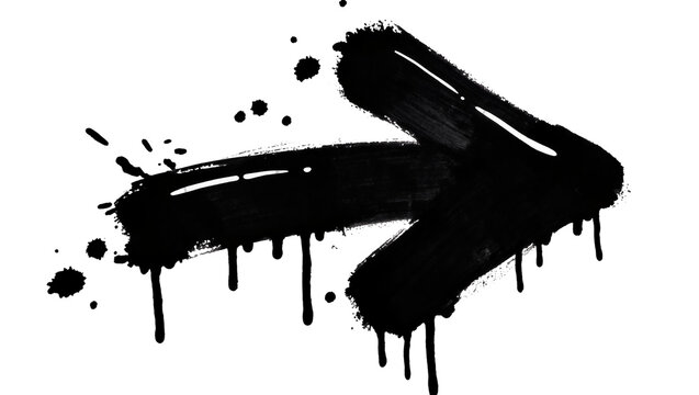 Black ink arrow shape with drips and splatters, isolated on transparent background
