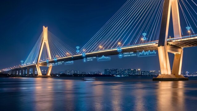 Cable-stayed bridge at night with wireless sensors monitoring tension, stress and vibration for structural health monitoring, infrastructure safety and smart maintenance