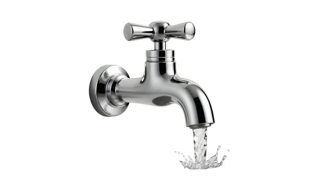 Chrome faucet with cross handle dispensing clear water, isolated on transparent background