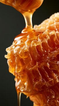 Golden honey dripping from a fresh honeycomb on a dark background