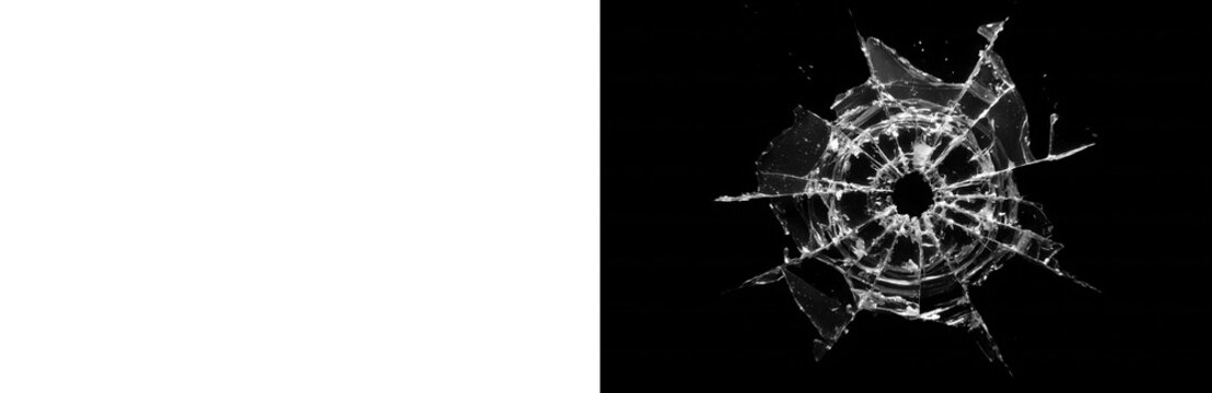 Shattered glass texture with radial cracks radiating outwards from a central impact point featuring sharp translucent shards and detailed fractures isolated against a clean transparent background