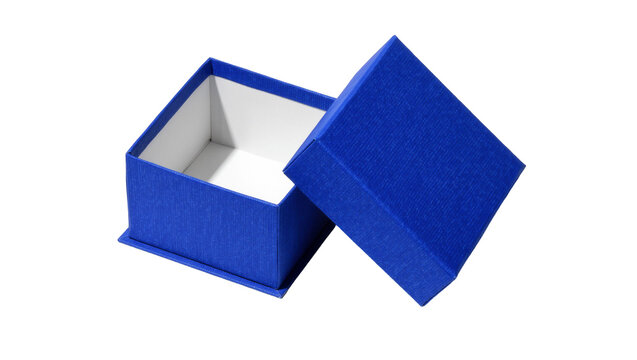 Open royal blue textured gift box with white interior, isolated on transparent background