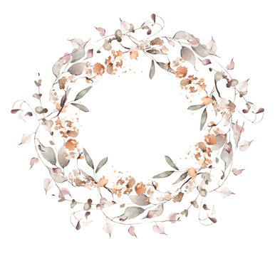 Watercolor floral fall semicircle wreath border. Gray, burgundy, brown, pink autumn wild flowers, branches, leaves and twigs. Hand painted isolated template design.