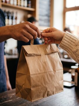 Customer receiving a paper shopping bag across a store counter. Retail checkout and in-person purchase. Paper packaging and sustainable shopping. Small business commerce and customer service