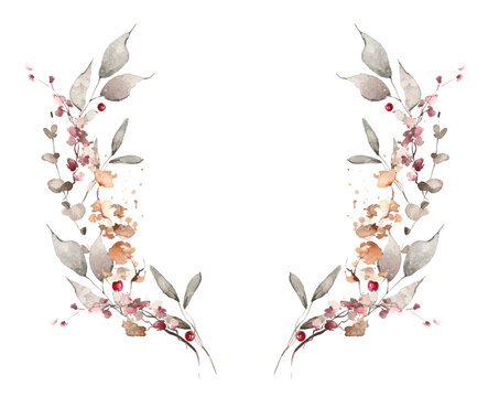 Watercolor floral fall symmetrical border wreath. Gray, burgundy, brown, pink autumn wild flowers, branches, leaves and twigs. Hand painted isolated template design.
