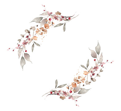 Watercolor floral fall arrangement border bouquet. Gray, burgundy, brown, pink autumn wild flowers, branches, leaves and twigs. Hand painted isolated template design.