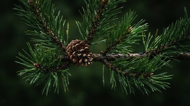 Evergreen pine branch with small pine cone and green needles