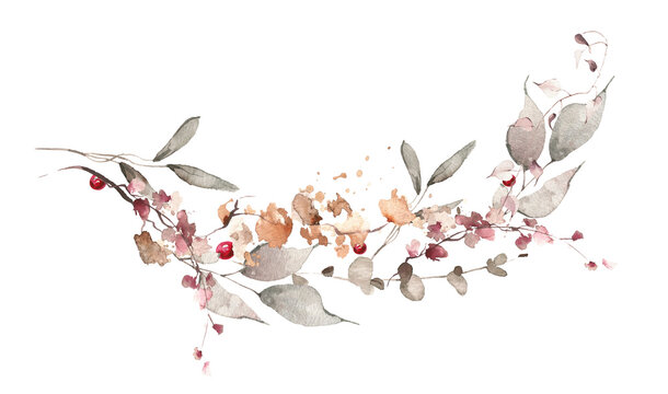 Watercolor floral fall arrangement border bouquet. Gray, burgundy, brown, pink autumn wild flowers, branches, leaves and twigs. Hand painted isolated template design.