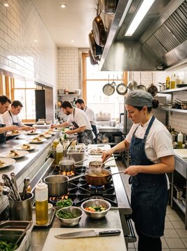 Chefs cooking and plating meals in a professional restaurant kitchen. Culinary team preparing dishes for service. Food preparation and hospitality industry. Commercial kitchen workflow
