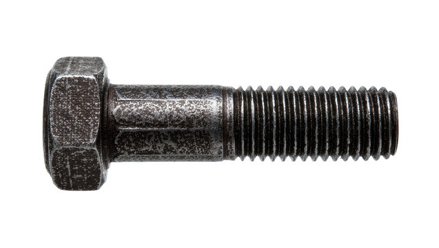 Hexagonal head metal bolt with threaded shaft, isolated on transparent background