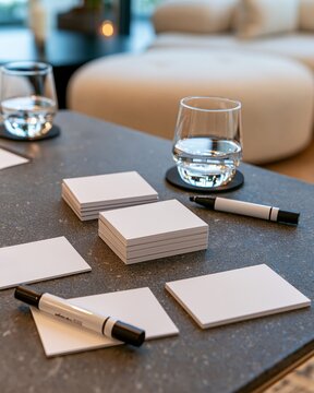 Blank cue cards and markers with water glasses on coaching room table