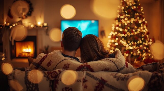 Cozy couple cuddling on a sofa under a warm blanket, watching TV by a glowing fireplace with a decorated Christmas tree and festive lights
