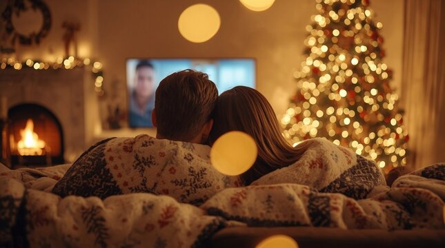 Couple cuddling under a cozy blanket watching TV beside a glowing fireplace and decorated Christmas tree in a warm festive living room