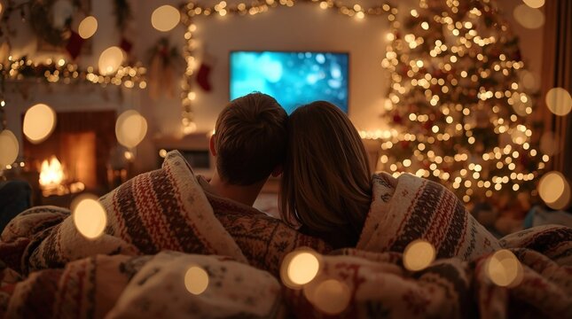 Cozy couple cuddling under a blanket watching TV by a fireplace with Christmas tree lights and festive holiday decor in a warm living room