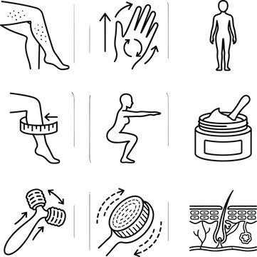 Body skincare routine line icon set featuring anti cellulite massage brush roller cream jar exercise and leg hair removal vector