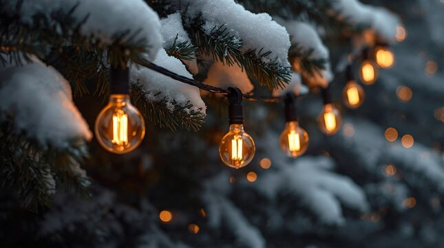 Warm glowing string lights on snow-covered evergreen branches at dusk, creating a cozy winter holiday atmosphere with soft bokeh