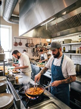 Chefs cook pasta in a restaurant kitchen over a gas stove. Cook plating a dish beside colleagues at workstations. Restaurant food service. Professional culinary teamwork.