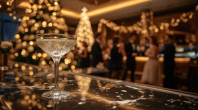 Elegant cocktail glass on a marble bar with warm bokeh Christmas lights and guests mingling at a festive holiday party