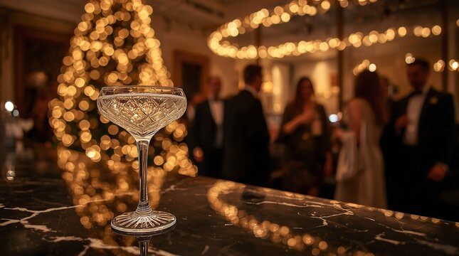 Elegant champagne coupe on a marble bar at a festive Christmas party with warm bokeh lights and guests in formal attire