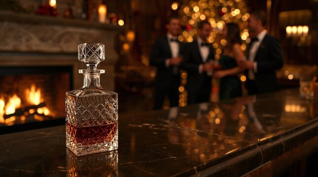 Elegant crystal whiskey decanter on a marble bar at a cozy Christmas party with warm fireplace glow and festive bokeh lights in the background