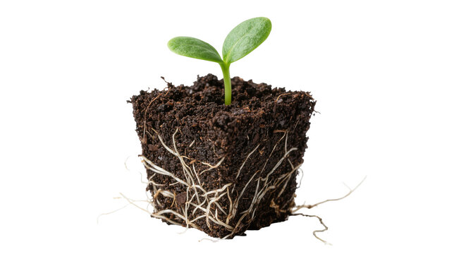 Young green seedling with visible roots growing in dark soil, isolated on transparent background