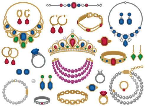 Gold jewelry collection with gemstones and pearls on white.