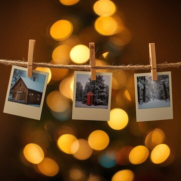 Warm golden Christmas bokeh background with hanging polaroid winter photos clipped on twine