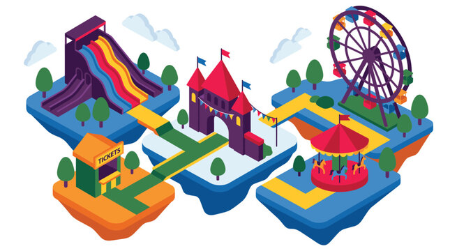 Isometric amusement park floating islands with colorful rides.