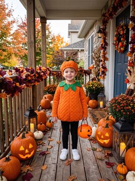 Child in pumpkin costume holding a trick-or-treat bucket on a decorated porch. Halloween celebration with pumpkins and autumn foliage. Costume party and seasonal family tradition.