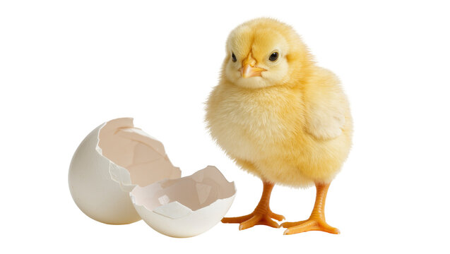 Fluffy yellow chick standing next to broken eggshell, isolated on transparent background